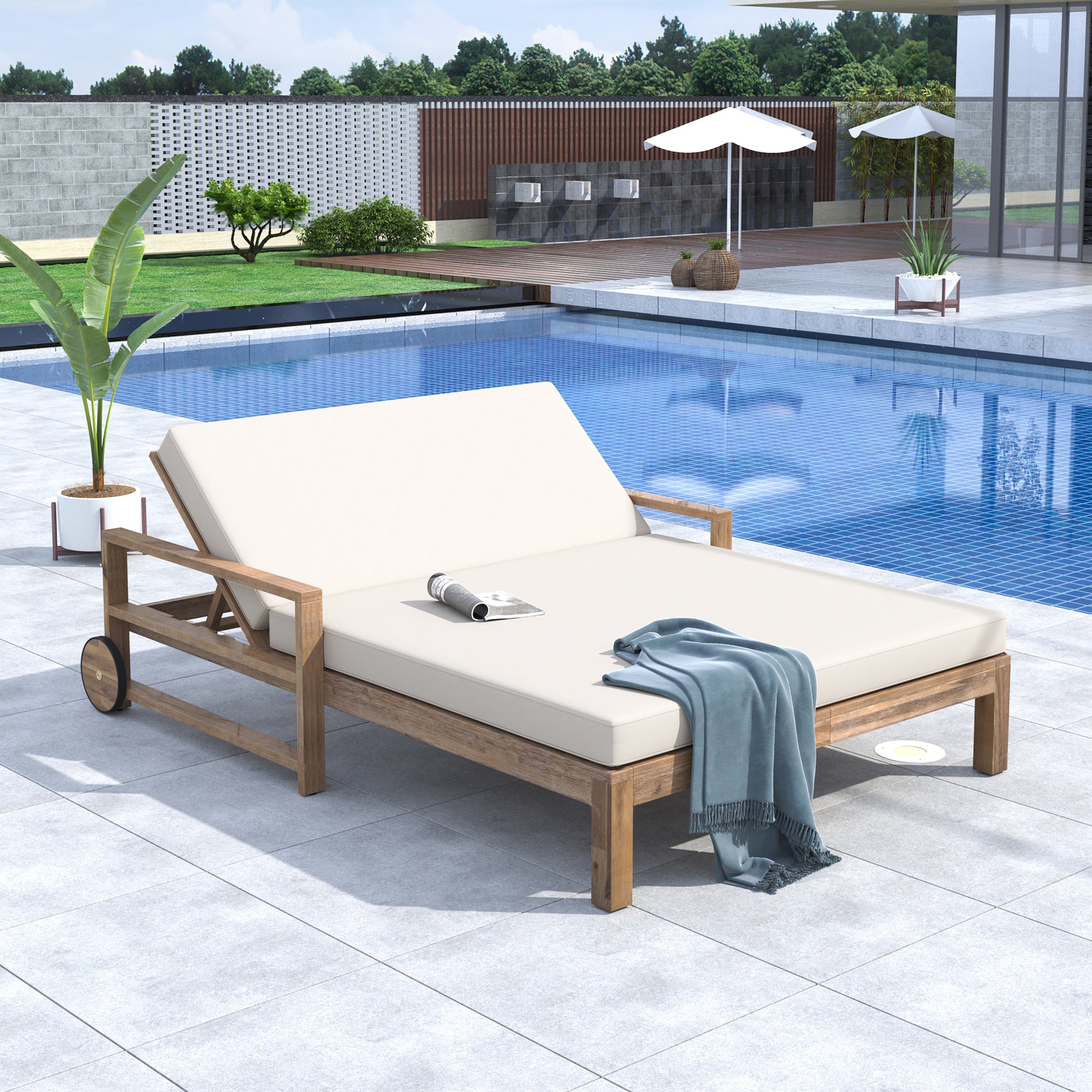 TREXM 1-Piece Farmhouse-styled Wooden Outdoor Sunbed for Ultimate Relaxation Outdoor Daybed Seating 2 People for Poolside, Garden and Backyard (Beige)