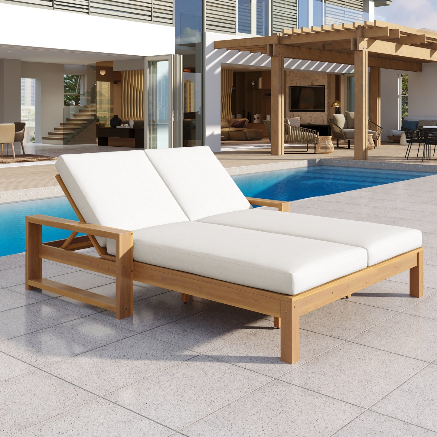 TREXM Outdoor Double Lounge Chair with 5-Position Adjustable Backrest for Each Seat, Wood Patio Chaise Lounge with Removable Cushions for Patio, Poolside, Garden (Light Teak+Beige cushion)