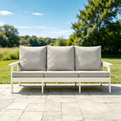 HIPS 3 Seater Sofa with Cushion, Wood Grain Outdoor Garden Sofa,White/Grey