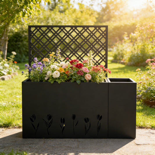 2-Piece Metal Planter Box with Trellis - 23.6in Depth Raised Garden Bed for Outdoor Indoor Use, Rust-Resistant Galvanized Steel Flower Planter with Drainage Holes, Tulip Black