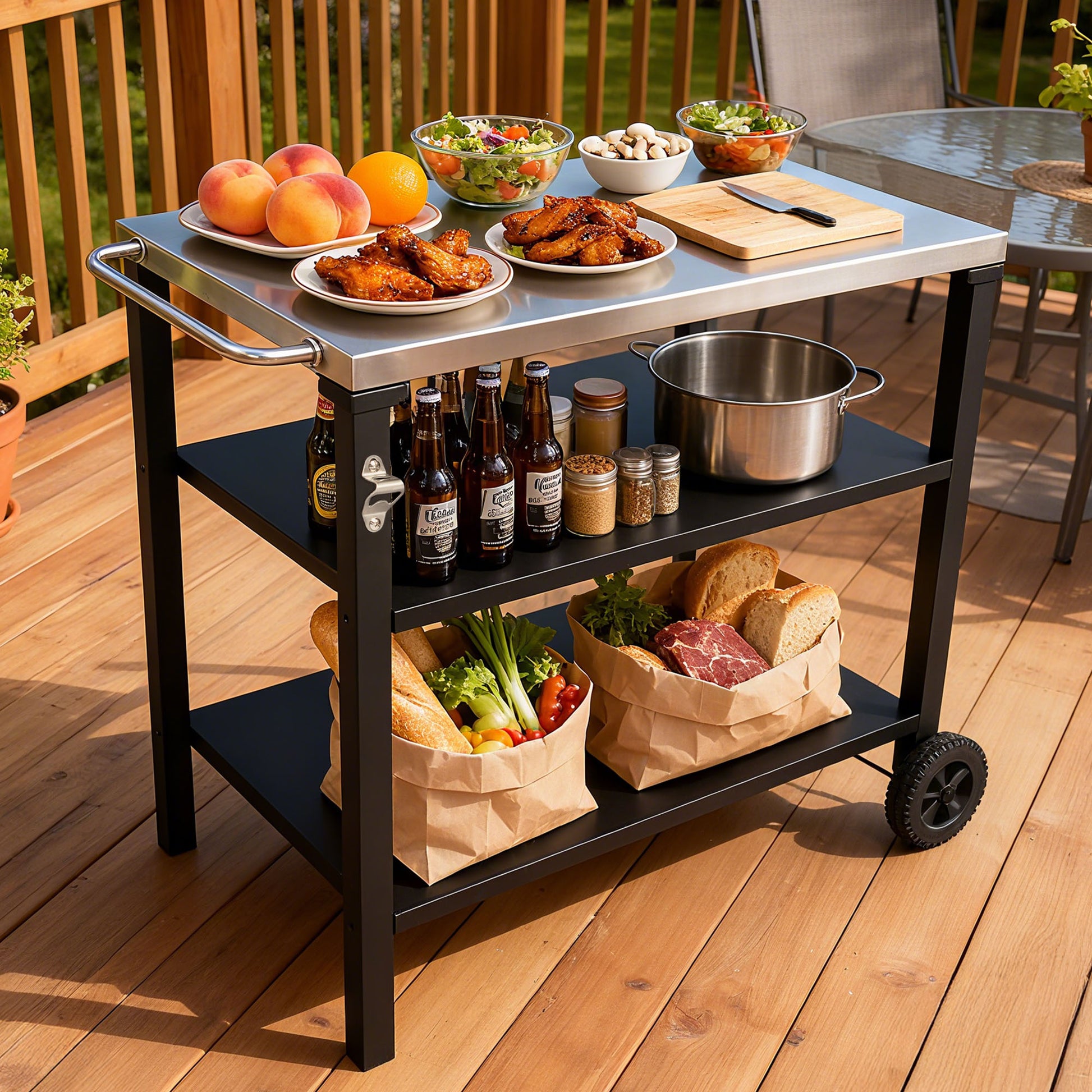 Black & White Outdoor Grill Cart - Patio Serving Table