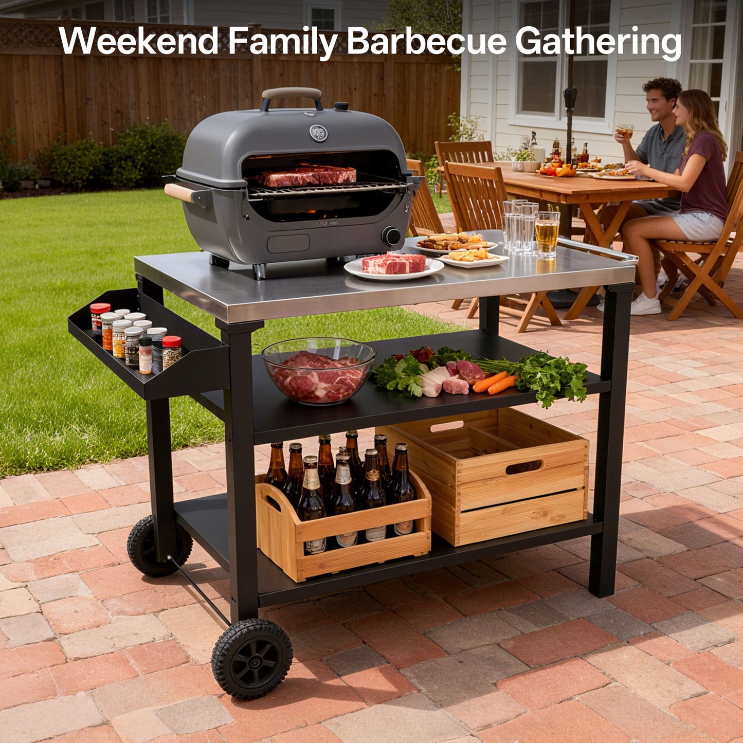 Black Outdoor Grill Cart - 3 Tier BBQ Prep Table with Wheels