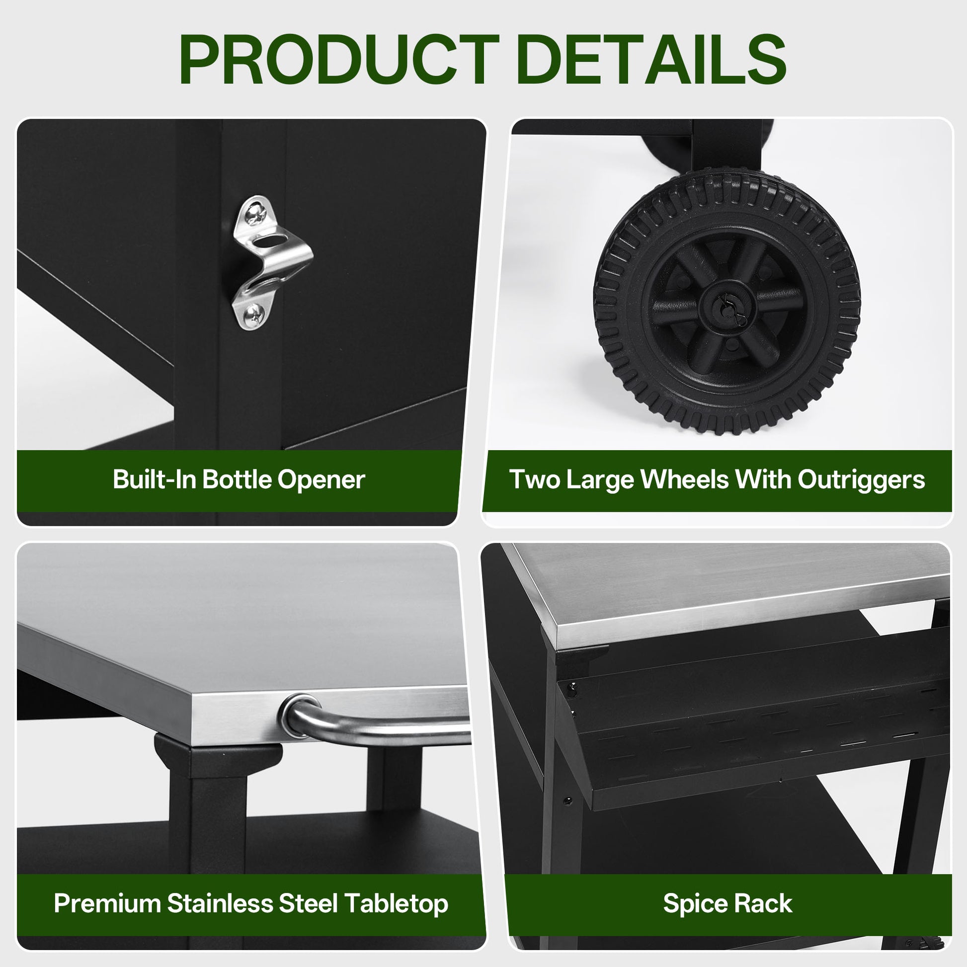Black Outdoor Grill Cart - 3 Tier BBQ Prep Table with Wheels