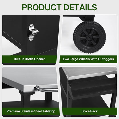 Black Outdoor Grill Cart - 3 Tier BBQ Prep Table with Wheels