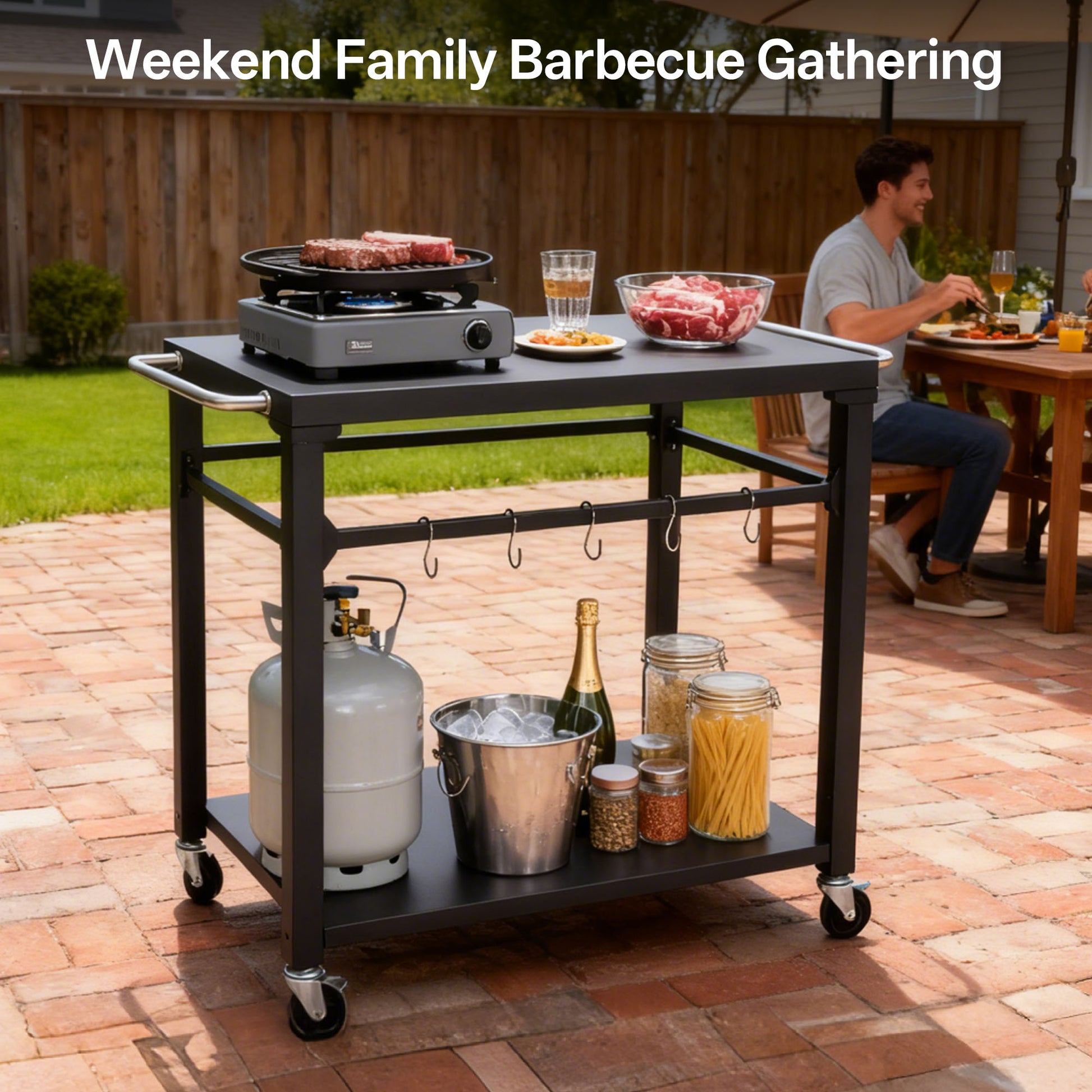 2-Tier Outdoor Grill Cart - Black Rolling BBQ Prep Table