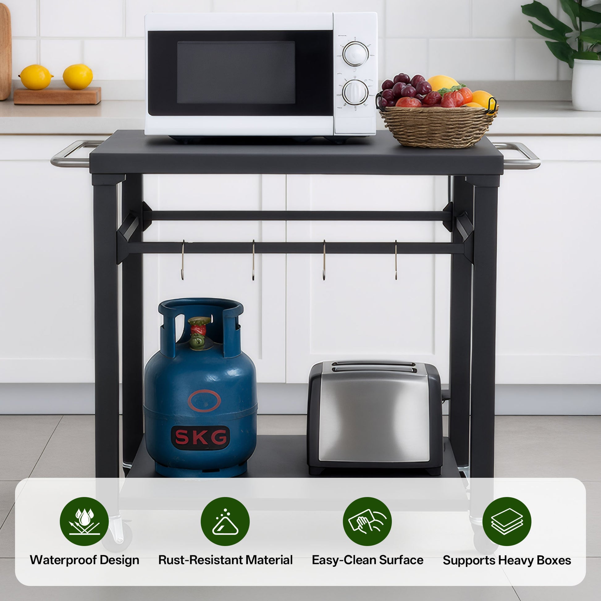 2-Tier Outdoor Grill Cart - Black Rolling BBQ Prep Table