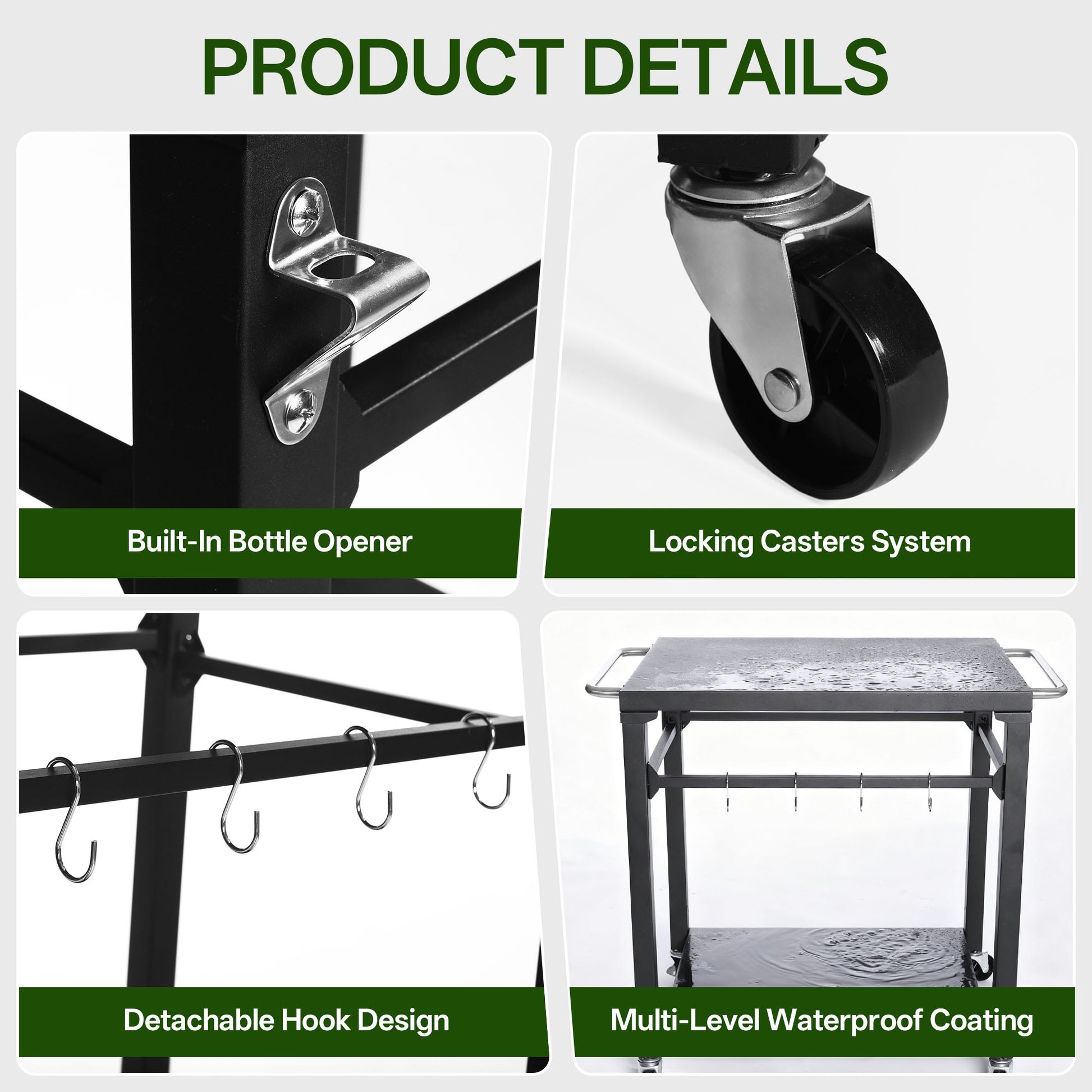 2-Tier Outdoor Grill Cart - Black Rolling BBQ Prep Table