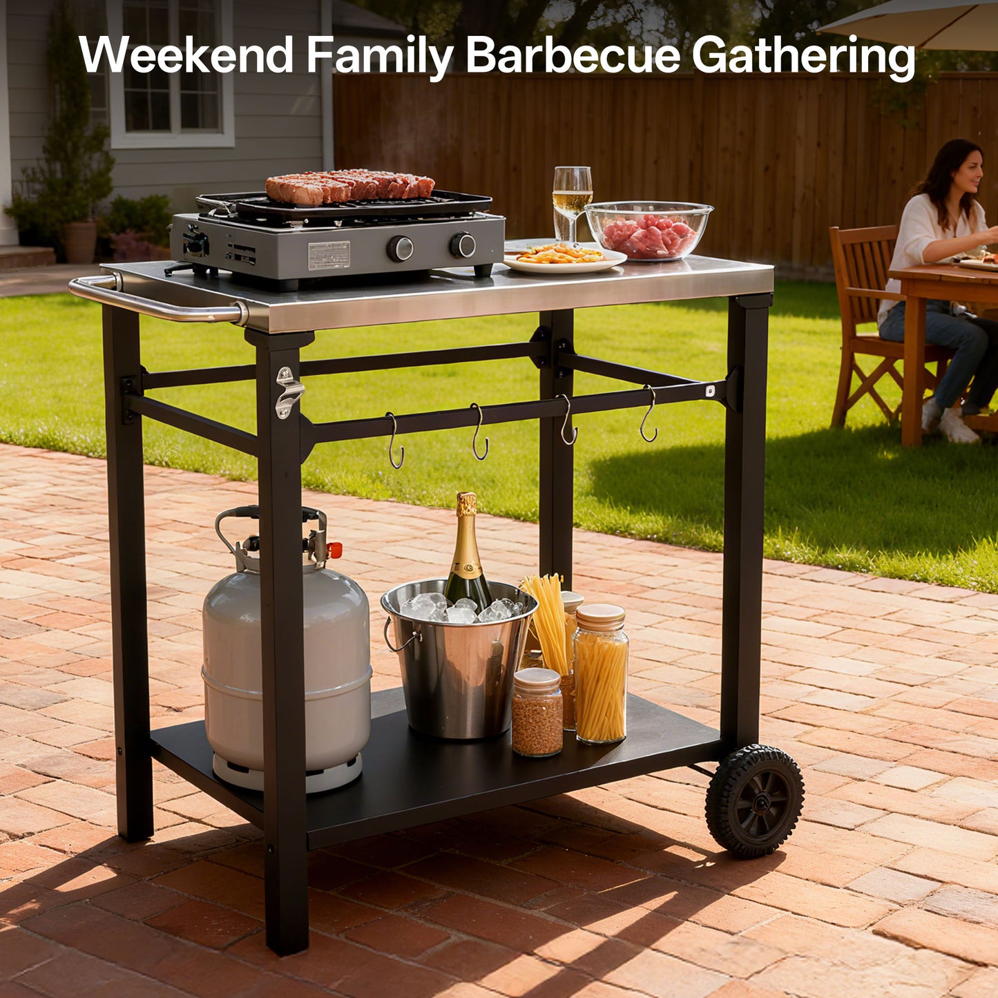 2-Tier Outdoor Grill Cart - Black White Steel, Rolling BBQ Prep Table
