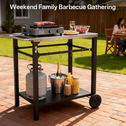 2-Tier Outdoor Grill Cart - Black White Steel, Rolling BBQ Prep Table