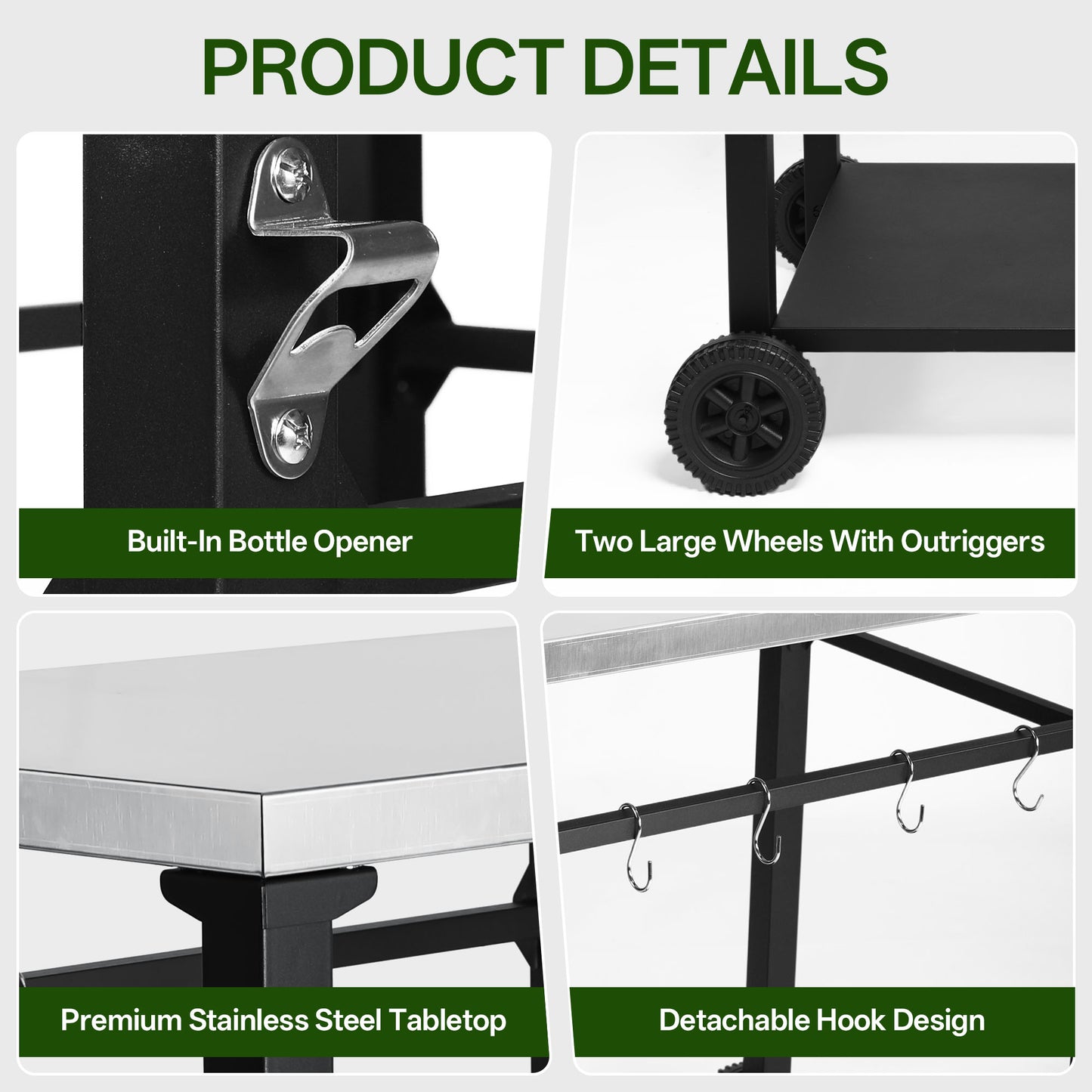 2-Tier Outdoor Grill Cart - Black White Steel, Rolling BBQ Prep Table