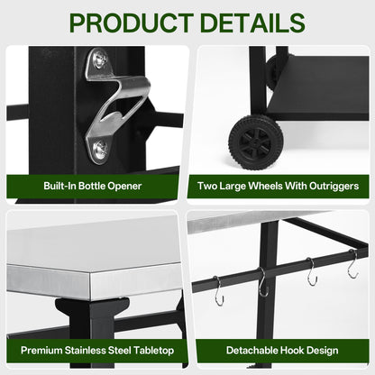 2-Tier Outdoor Grill Cart - Black White Steel, Rolling BBQ Prep Table