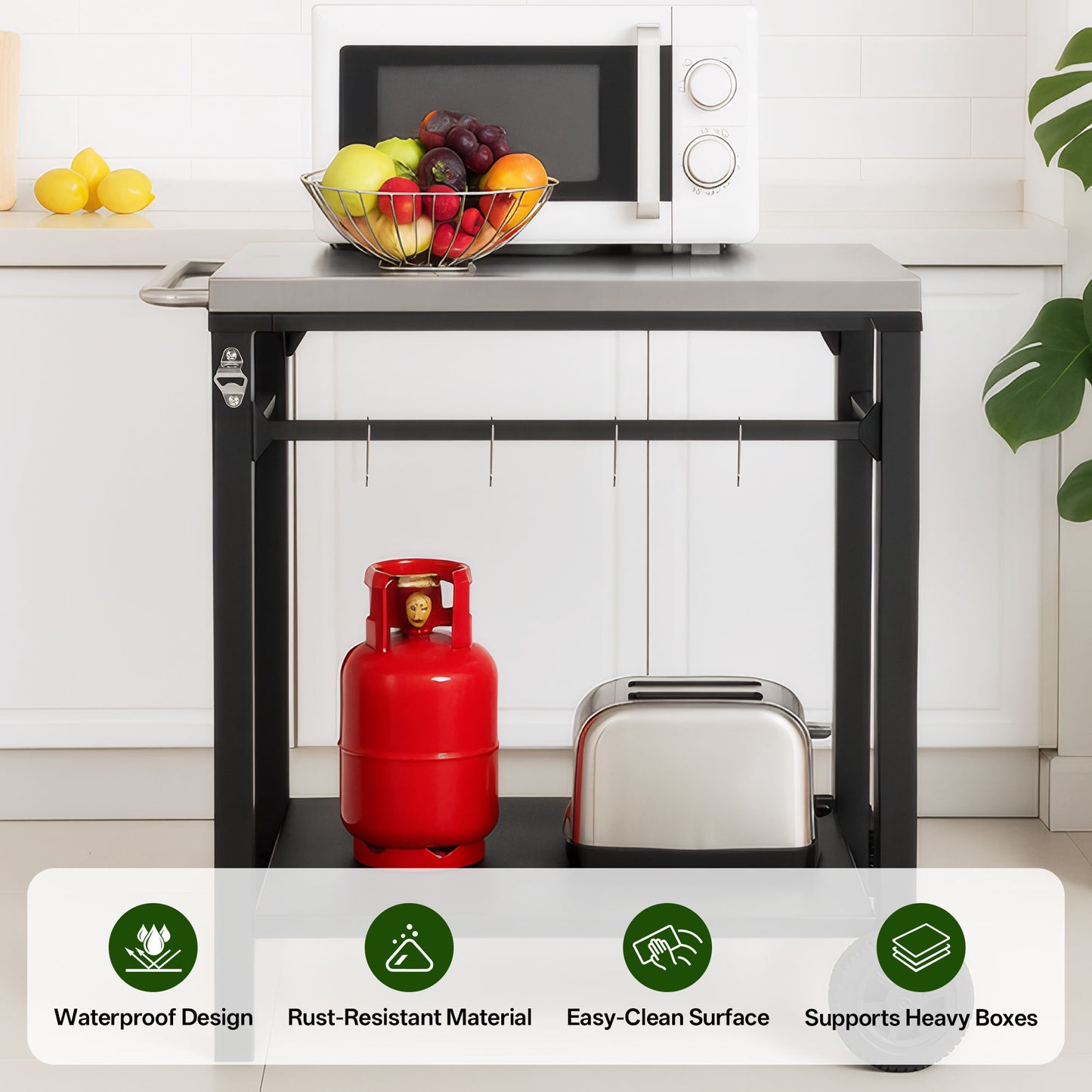 2-Tier Outdoor Grill Cart - Black White Steel, Rolling BBQ Prep Table