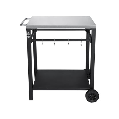2-Tier Outdoor Grill Cart - Black White Steel, Rolling BBQ Prep Table