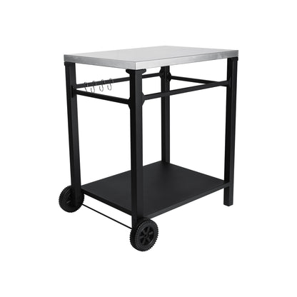 2-Tier Outdoor Grill Cart - Black White Steel, Rolling BBQ Prep Table