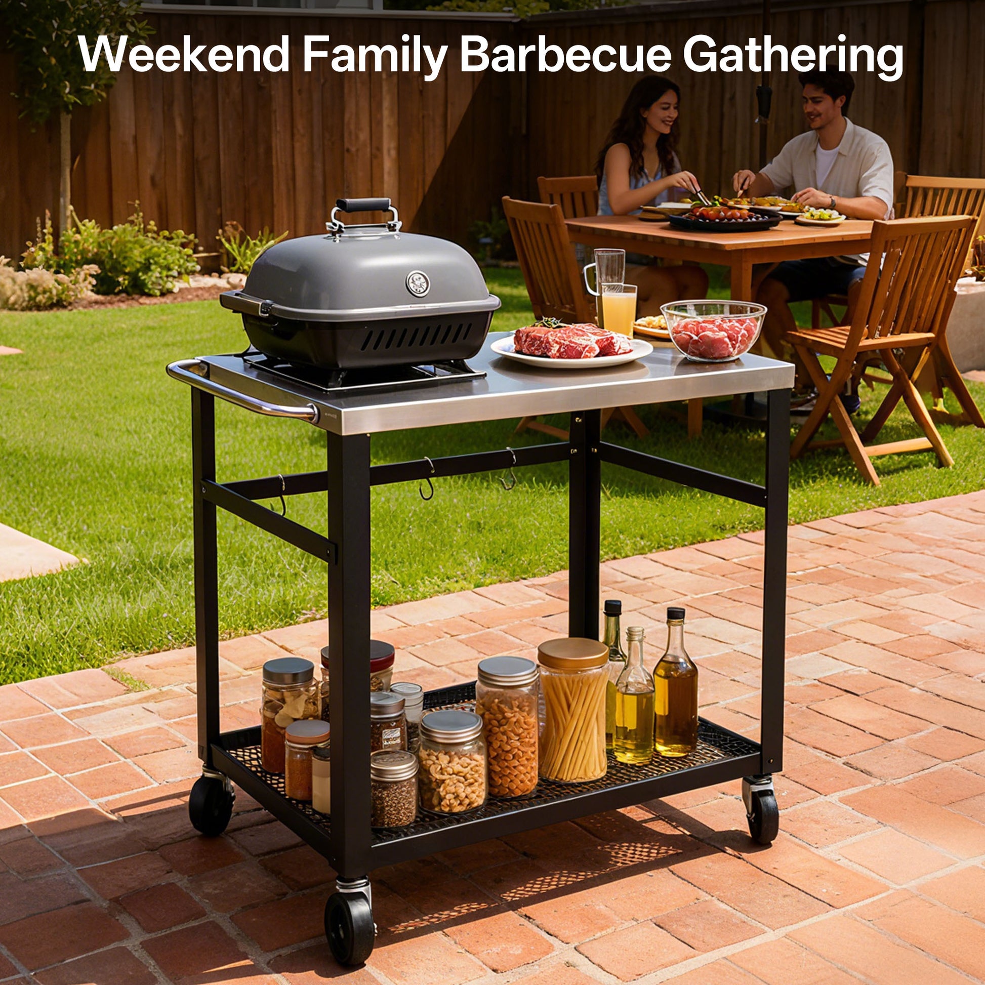 Black Outdoor Grill Cart - 2 Tier Rolling BBQ Prep Table
