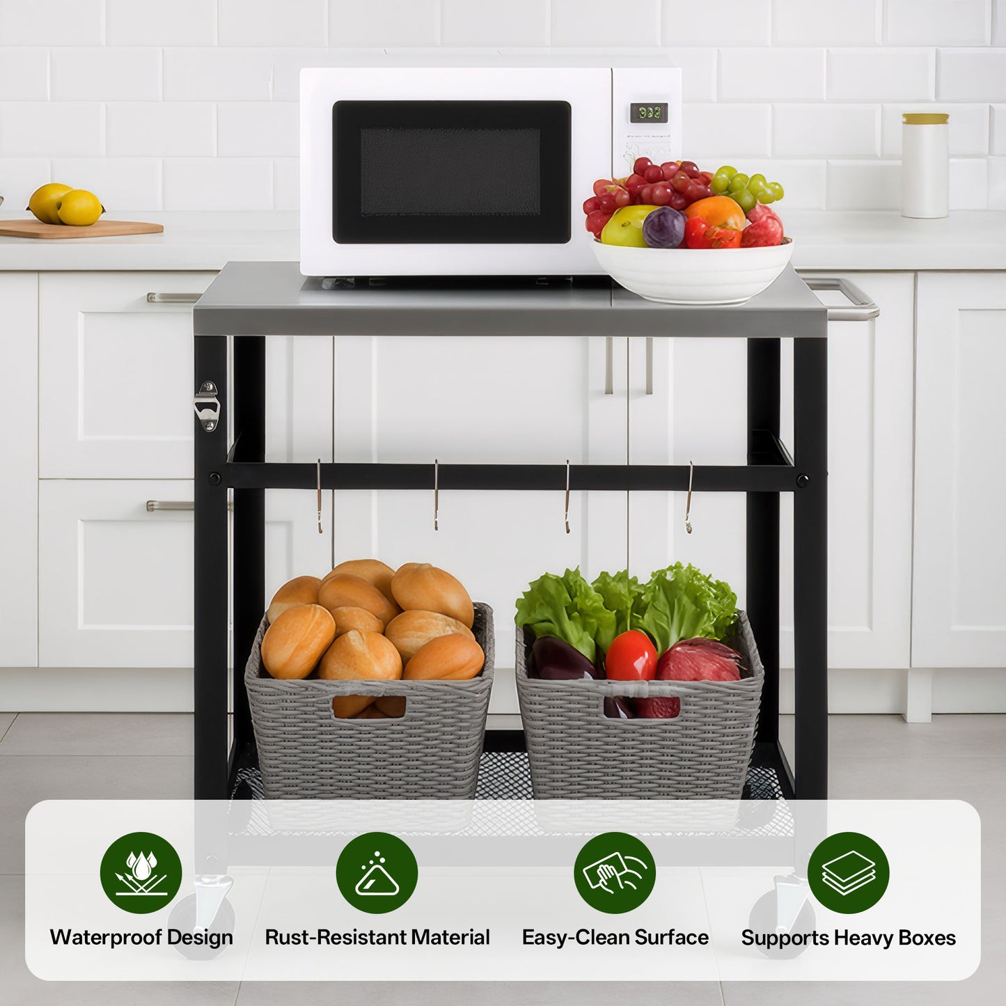 Black Outdoor Grill Cart - 2 Tier Rolling BBQ Prep Table