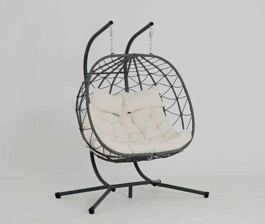 2 Persons Egg Chair with Stand Indoor Outdoor Swing Chair Patio Wicker Hanging Egg Chair Hanging Basket Chair with Stand for Bedroom Living Room Balcony
