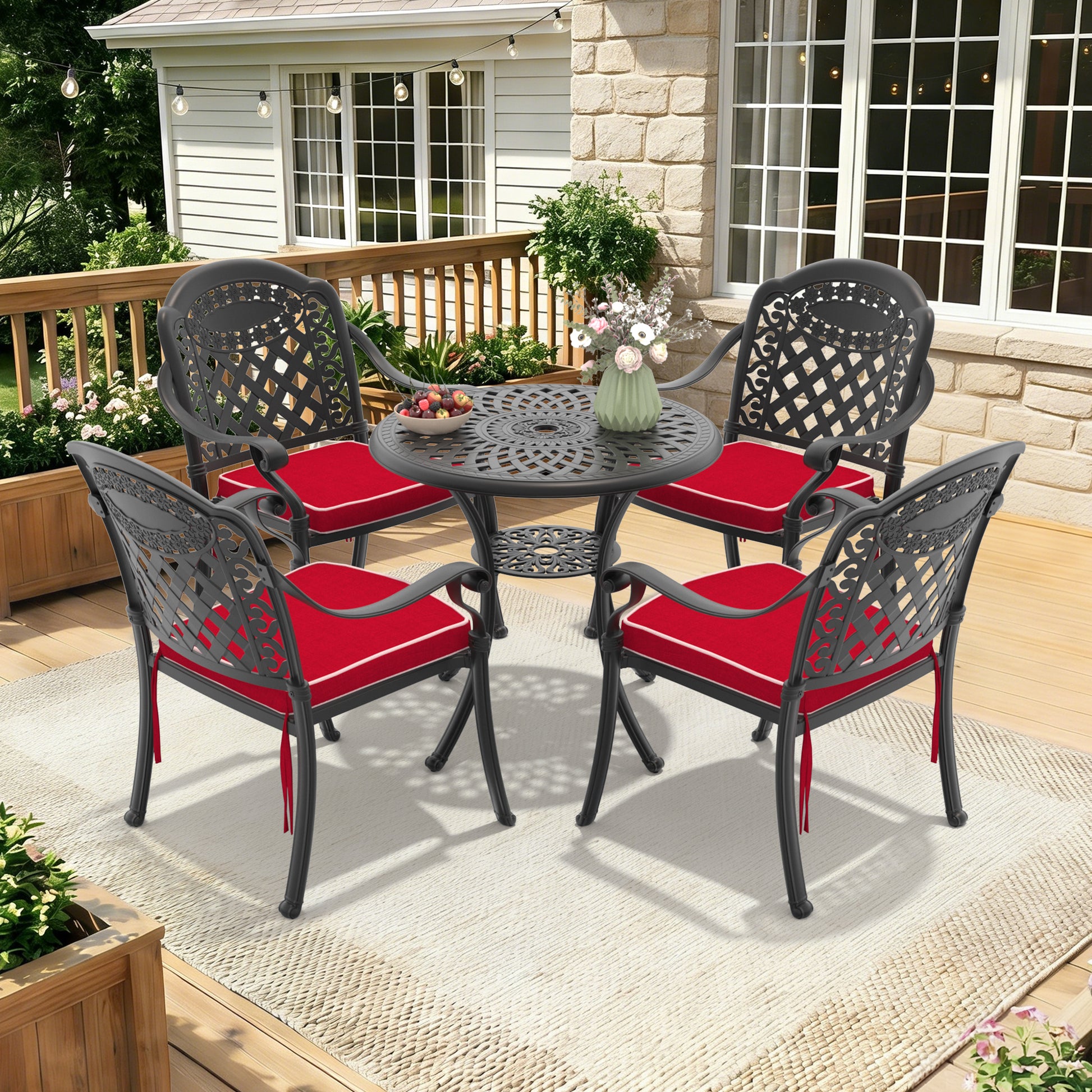 5-Piece Set Of Cast Aluminum Patio Furniture With Black Frame and Red Seat Cushions(same sku:W1710S00046,W1710S00019)