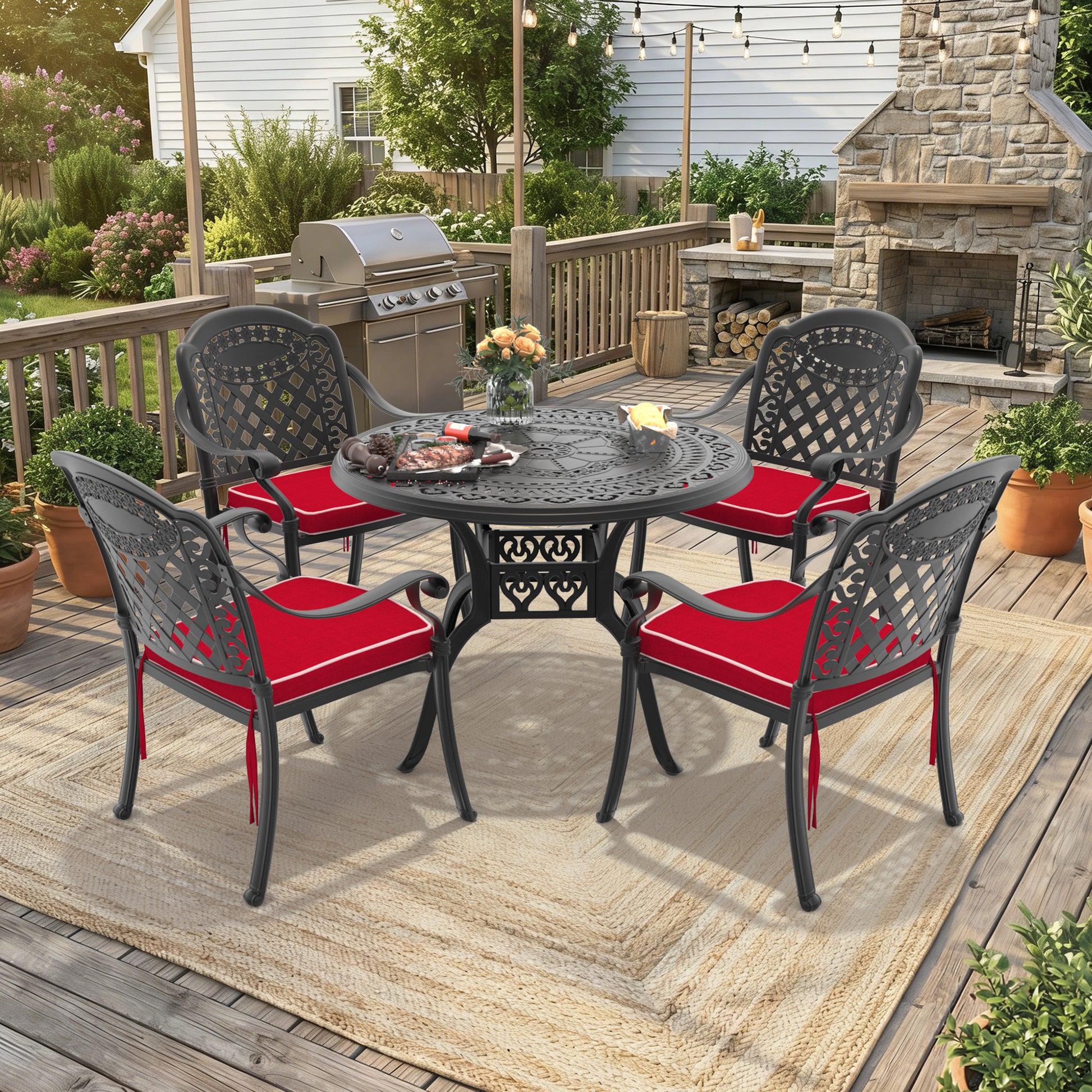 5-Piece Set Of Cast Aluminum Patio Furniture With Black Frame and Red Seat Cushions(same sku:W1710S00064,W1710S00003)