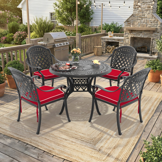 5-Piece Set Of Cast Aluminum Patio Furniture With Black Frame and Red Seat Cushions(same sku:W1710S00064,W1710S00003)