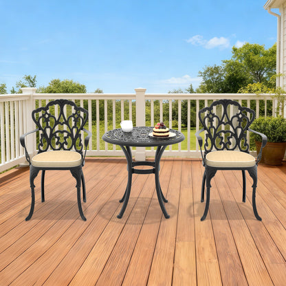 3-Piece Set Of Cast Aluminum Patio Furniture  With Black Frame and Off-white Seat Cushions