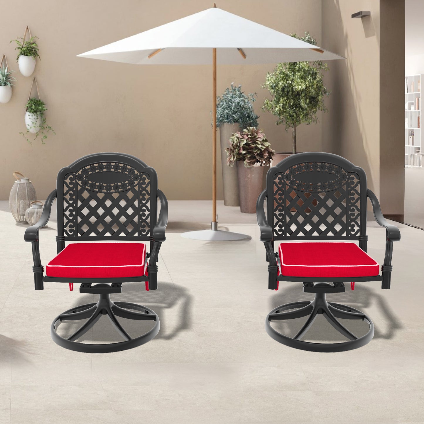 Cast Aluminum Patio Swivel Chair 2PCS With Black Frame and Red Cushions