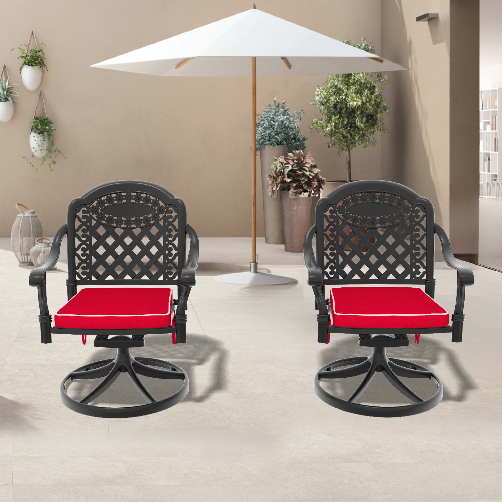 Cast Aluminum Patio Swivel Chair 2PCS With Black Frame and Red Cushions