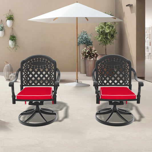 Cast Aluminum Patio Swivel Chair 2PCS With Black Frame and Red Cushions