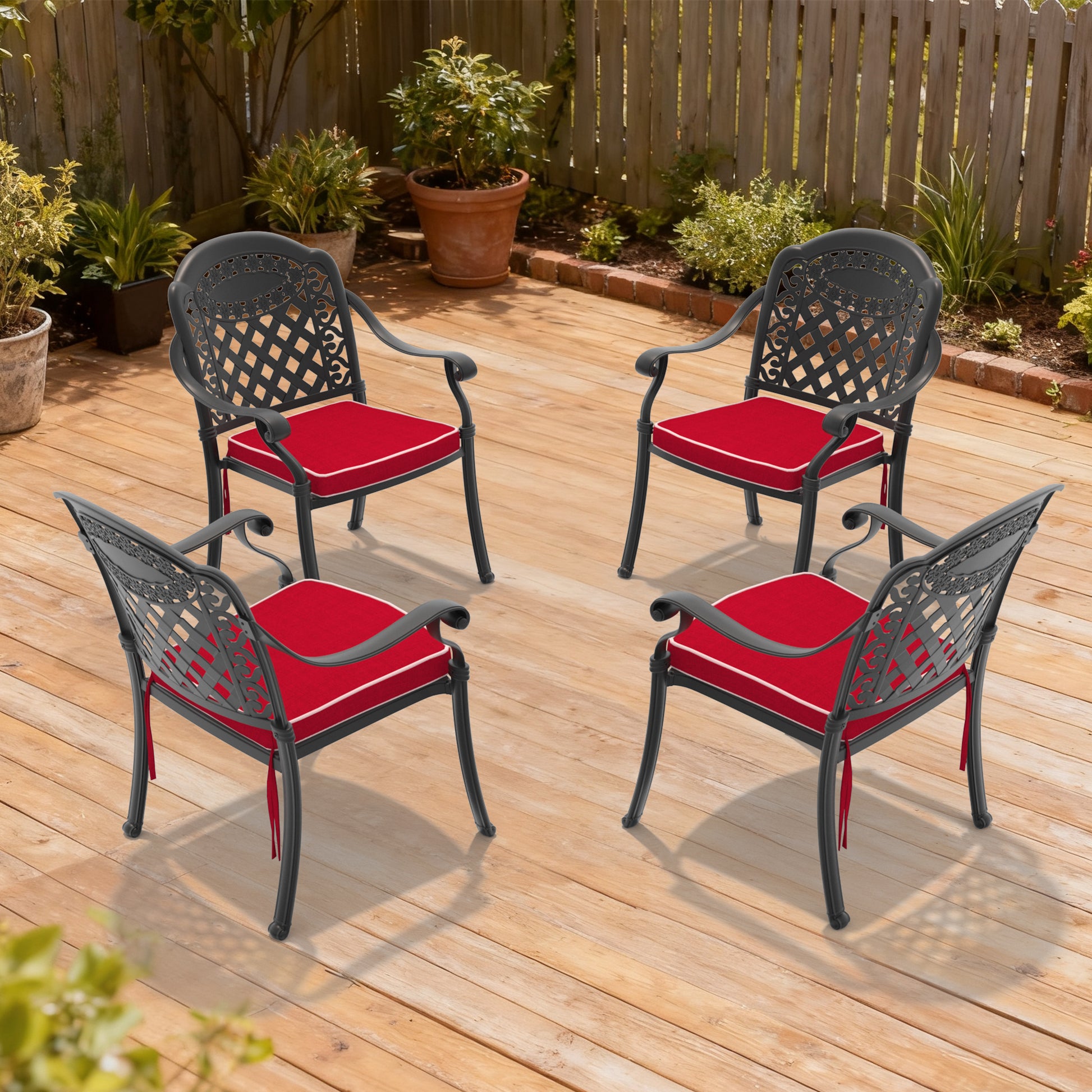 Cast Aluminum Patio Dining Chair 4PCS With Black Frame and Red Cushions (same sku: W1710P166054)