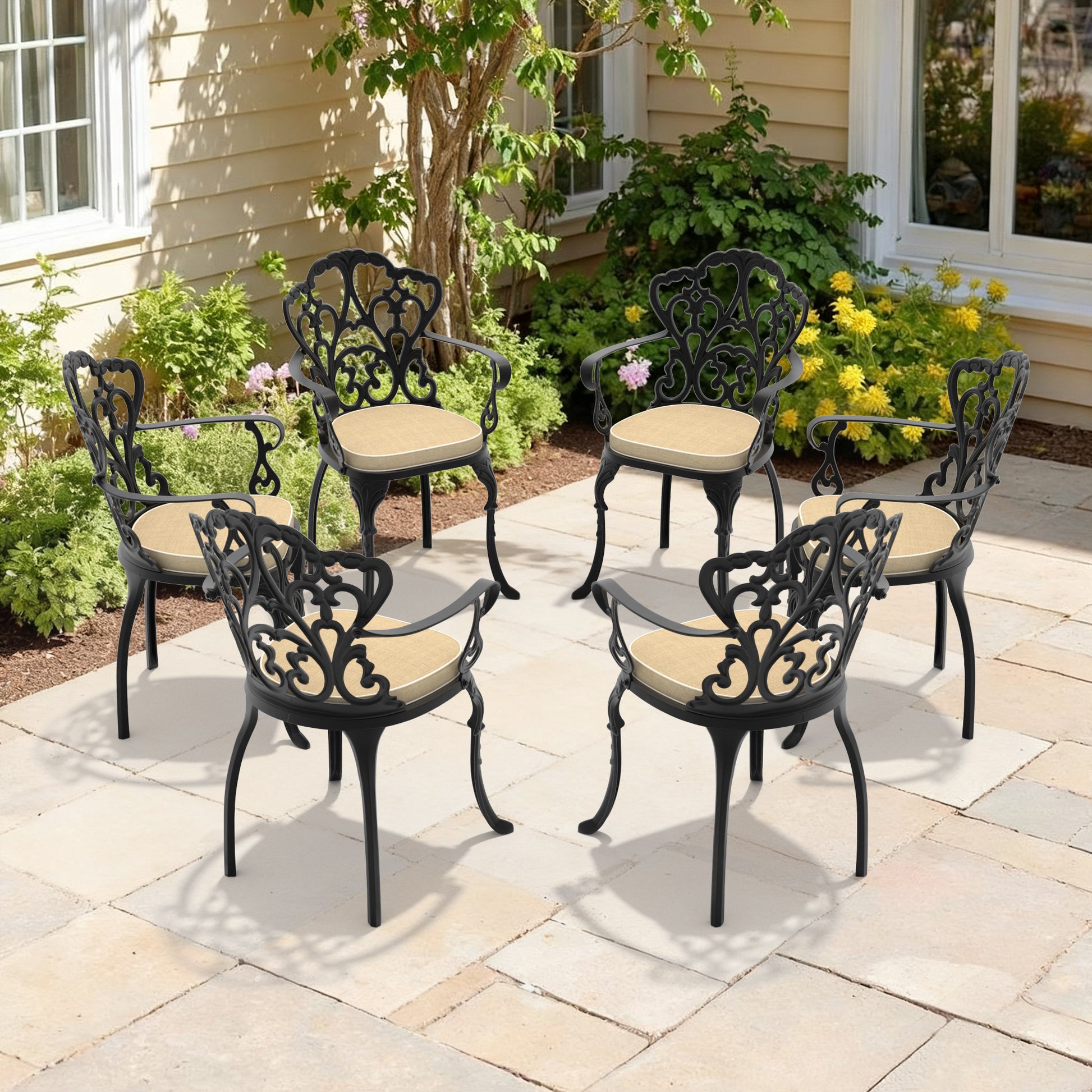 Cast Aluminum Patio Dining Chair 6PCS With Black Frame and Off-white Cushions (same sku:W1710P166007)