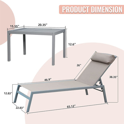 Khaki Aluminum Patio Chaise Lounge Set - 2 Chairs + Table