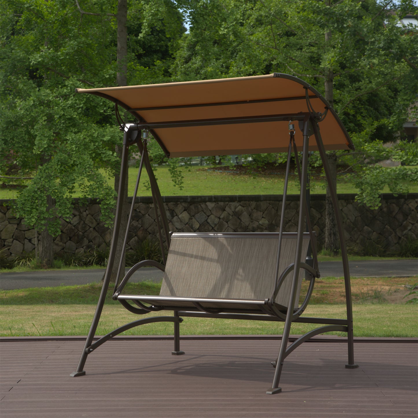 Dark Brown Steel Patio Swing with Canopy for Garden or Poolside Relaxation