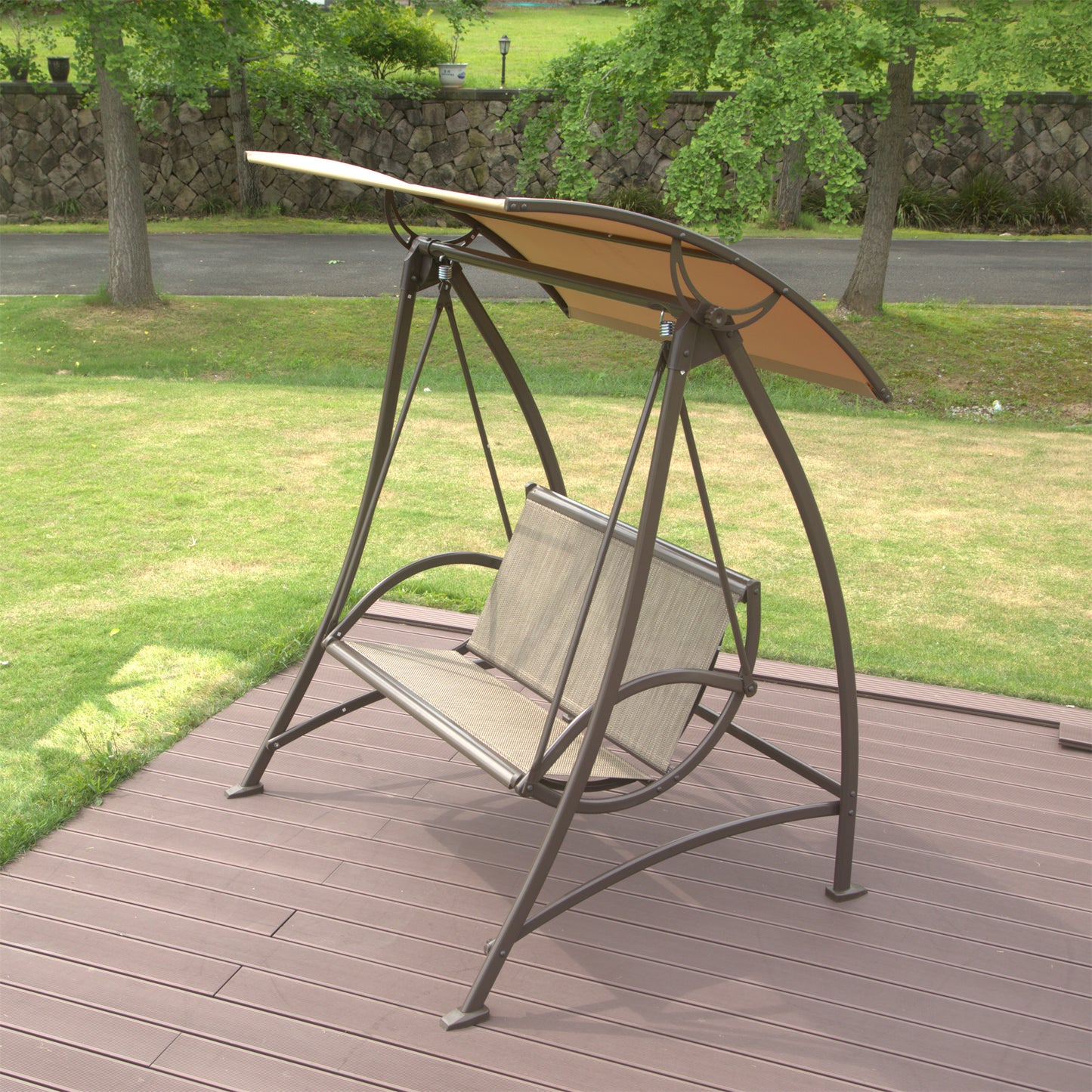 Dark Brown Steel Patio Swing with Canopy for Garden or Poolside Relaxation