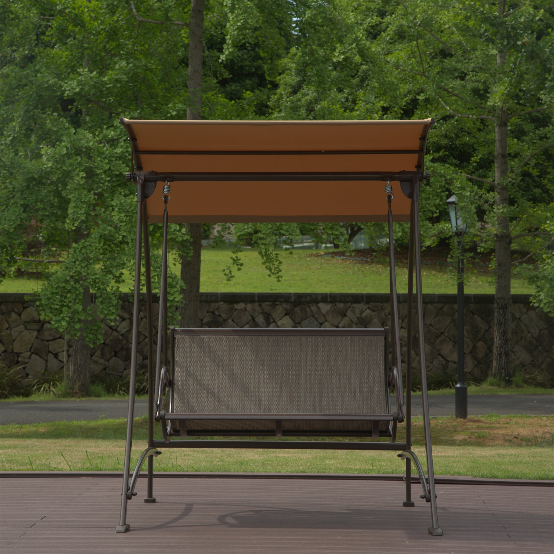 Dark Brown Steel Patio Swing with Canopy for Garden or Poolside Relaxation