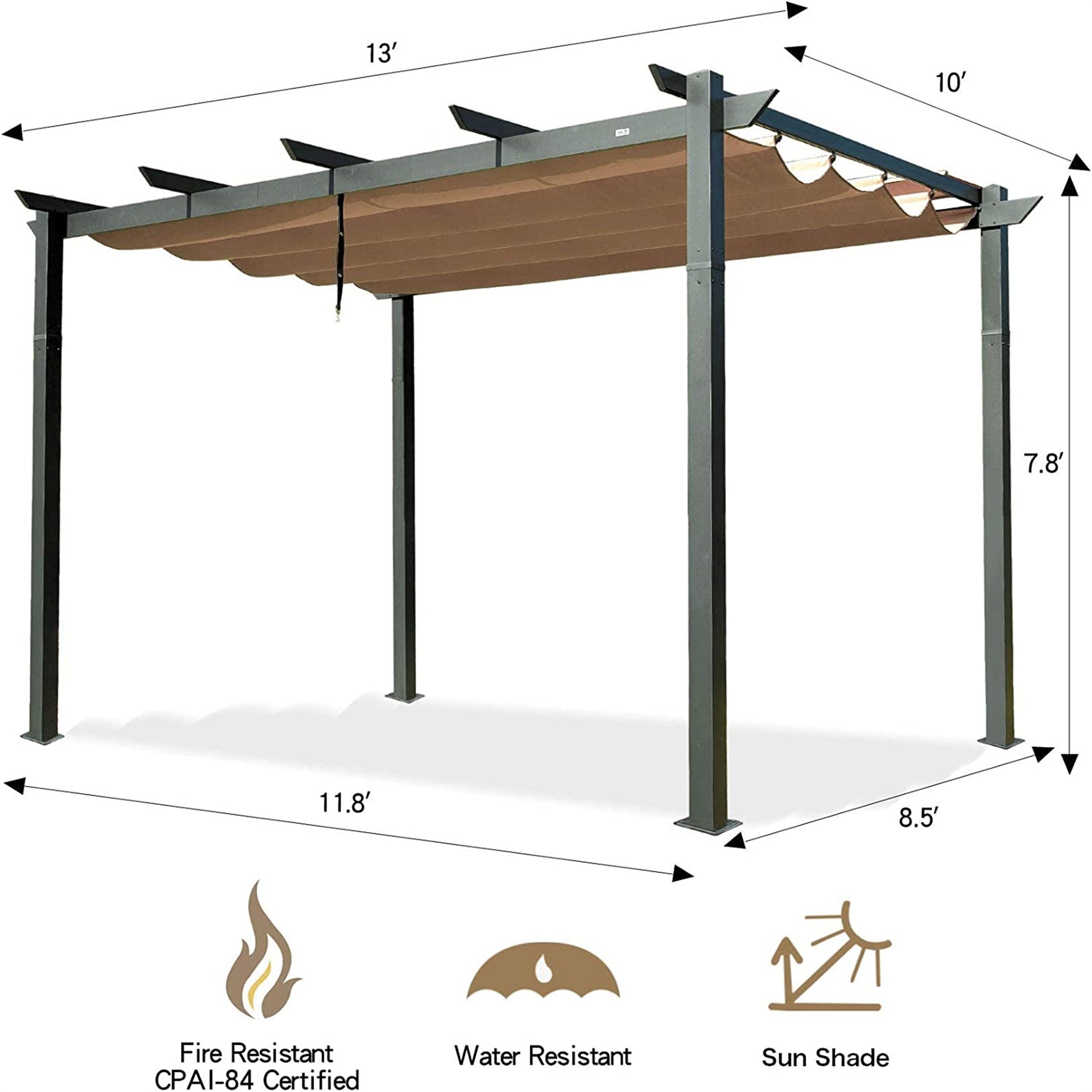 13ft x 10ft Dark Gray Aluminum Retractable Pergola - Outdoor Shade