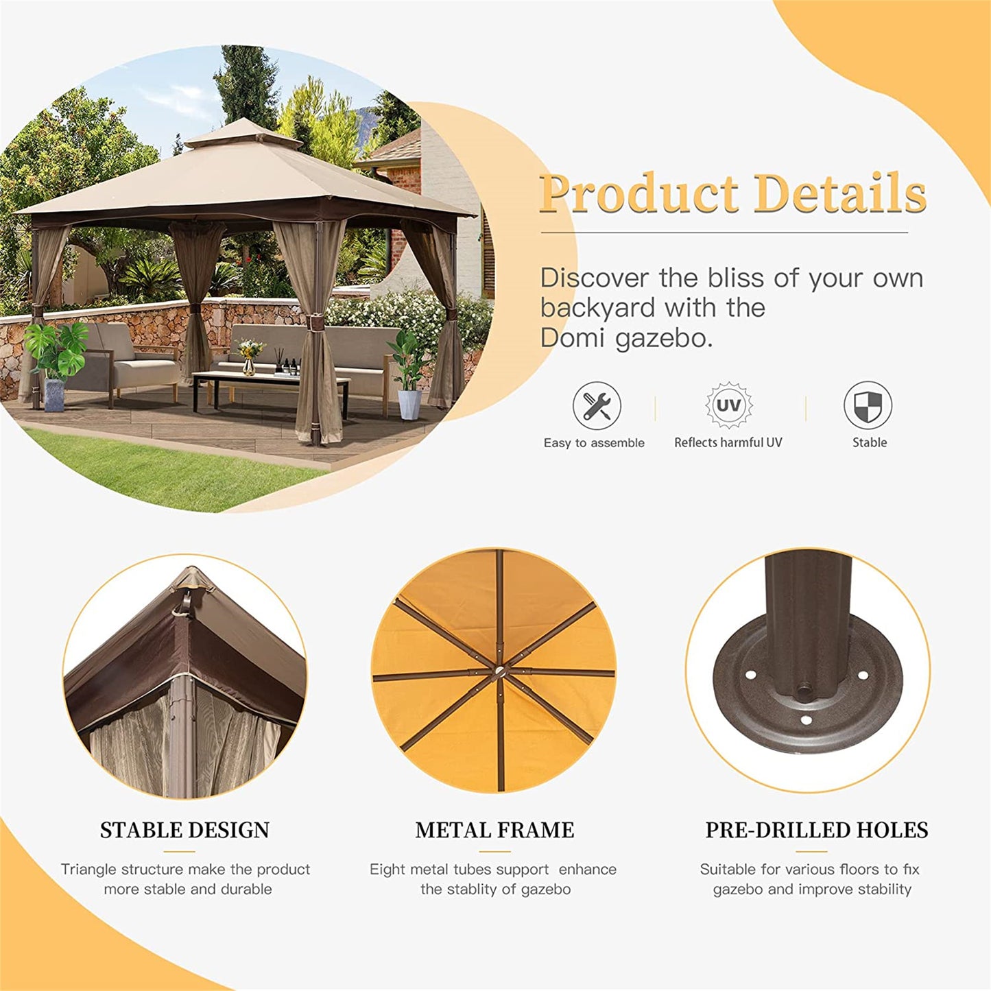 10'x13' Metal Gazebo with Mosquito Netting - Khaki