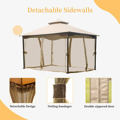 10'x13' Metal Gazebo with Mosquito Netting - Khaki