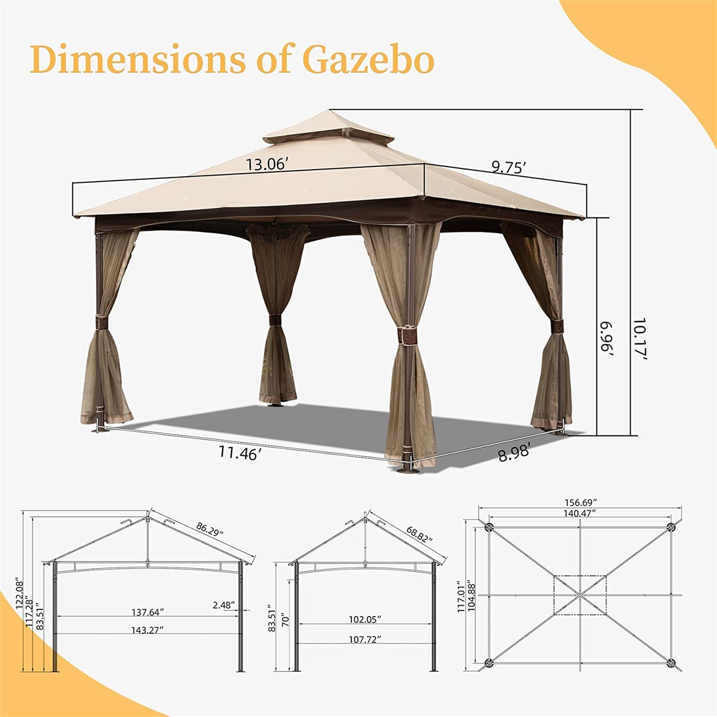 10'x13' Metal Gazebo with Mosquito Netting - Khaki