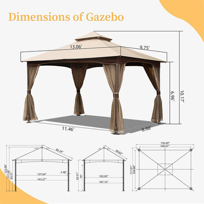 10'x13' Metal Gazebo with Mosquito Netting - Khaki