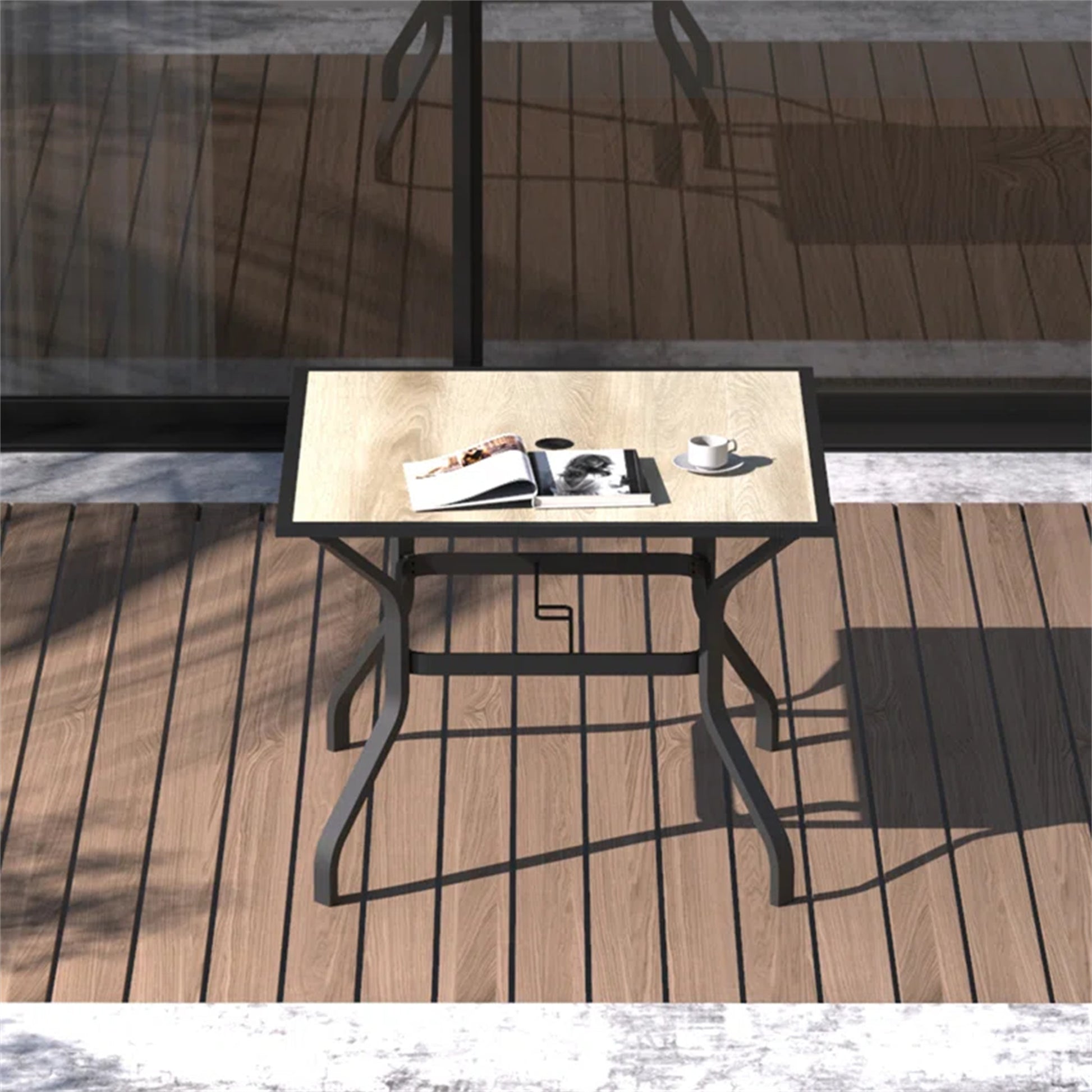 Beige Metal Outdoor Patio Dining Table with Umbrella Hole for Garden