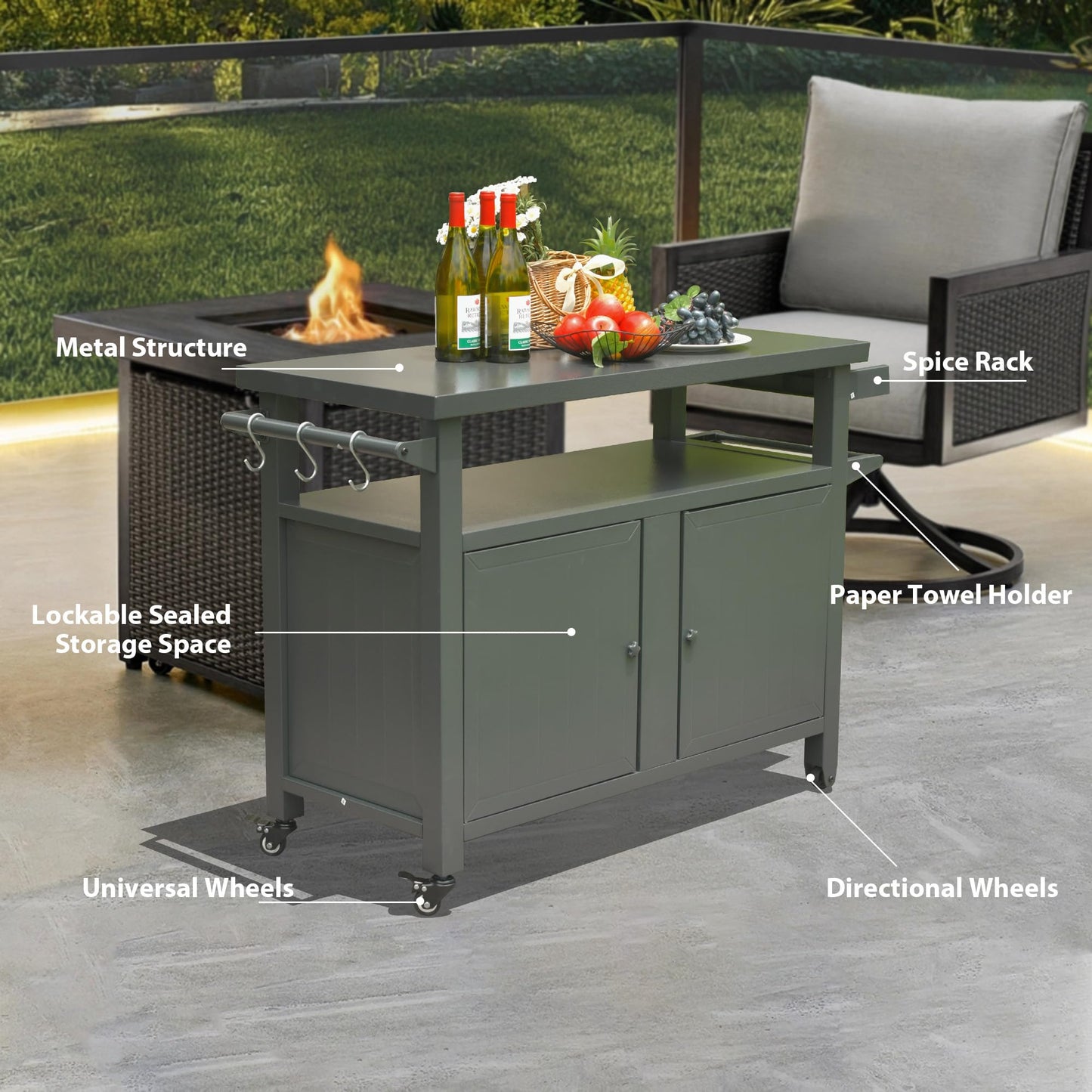 Grey Aluminum Outdoor Grill Cart with Storage Wheels