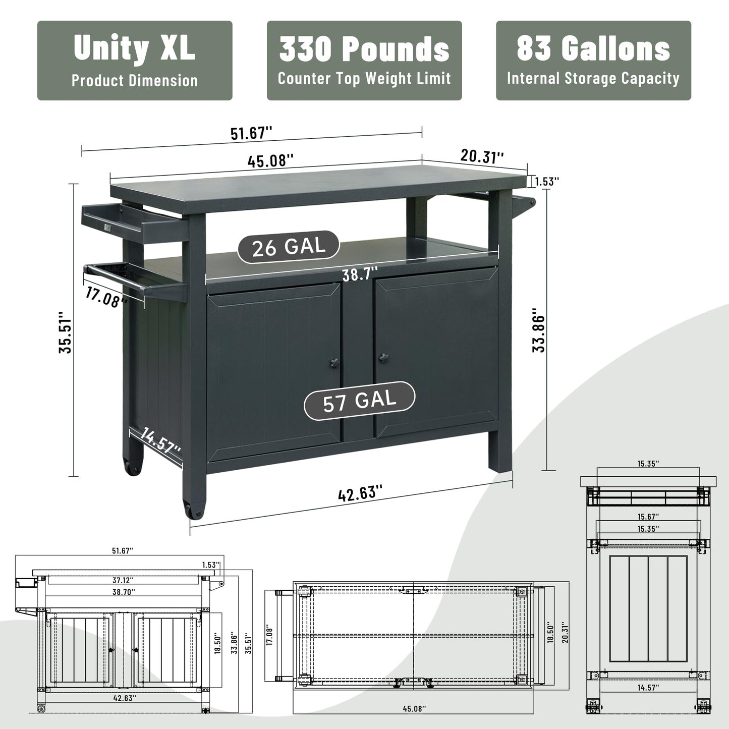 Grey Aluminum Outdoor Grill Cart with Storage Wheels