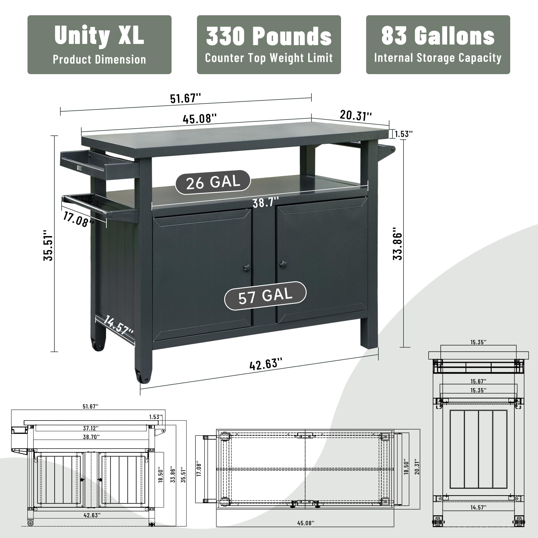 Grey Aluminum Outdoor Grill Cart with Storage Wheels
