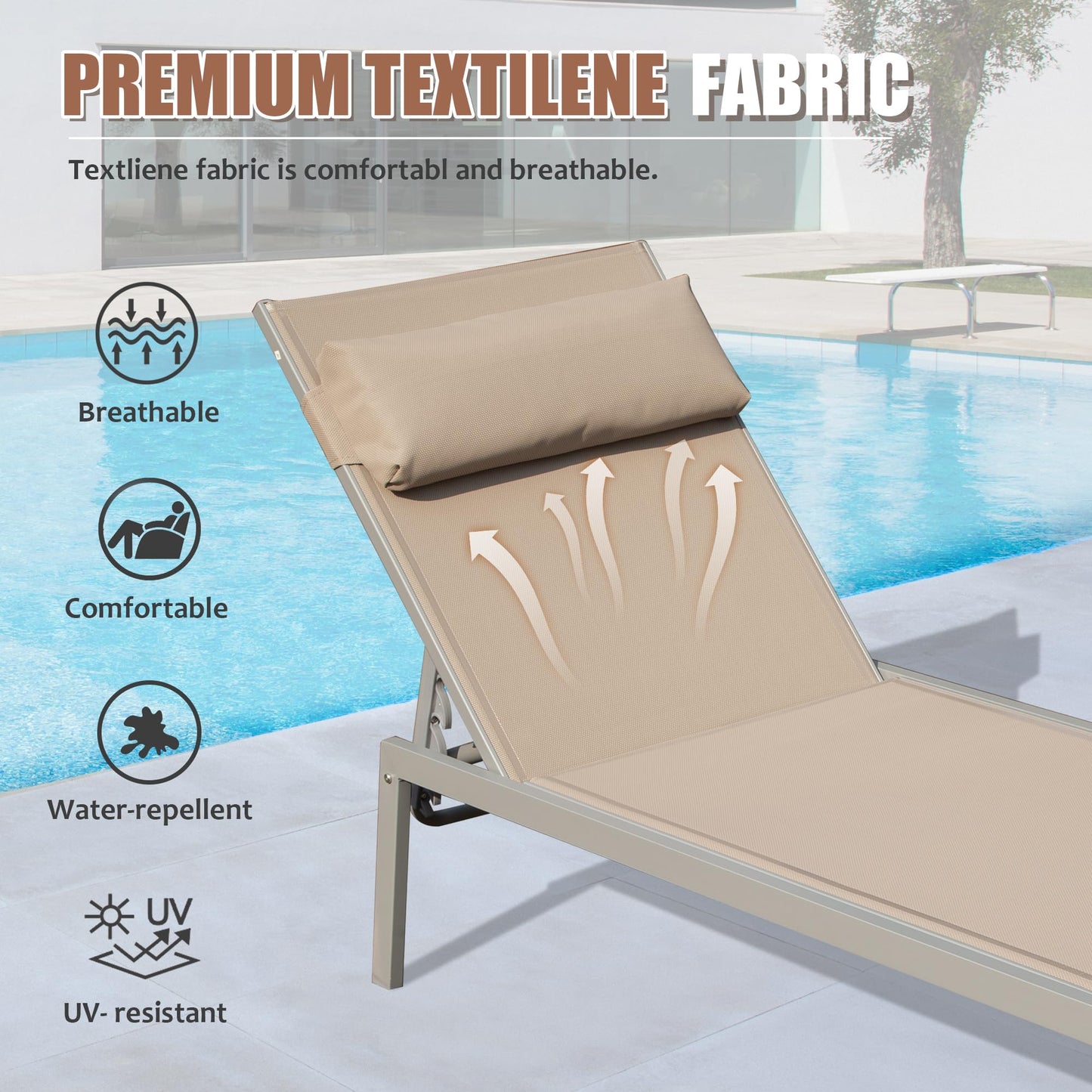 Khaki Aluminum Patio Lounge Chair - 3 Pack