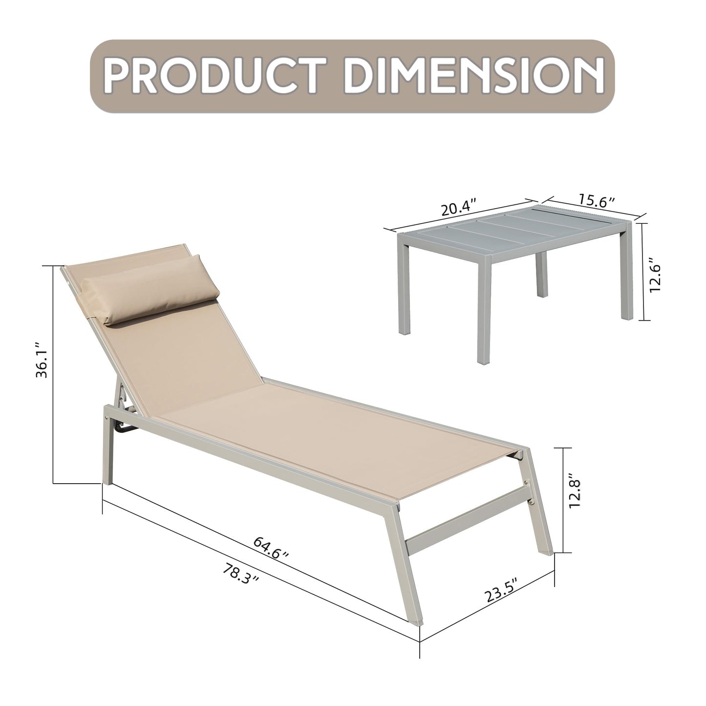 Khaki Aluminum Patio Lounge Chair - 3 Pack