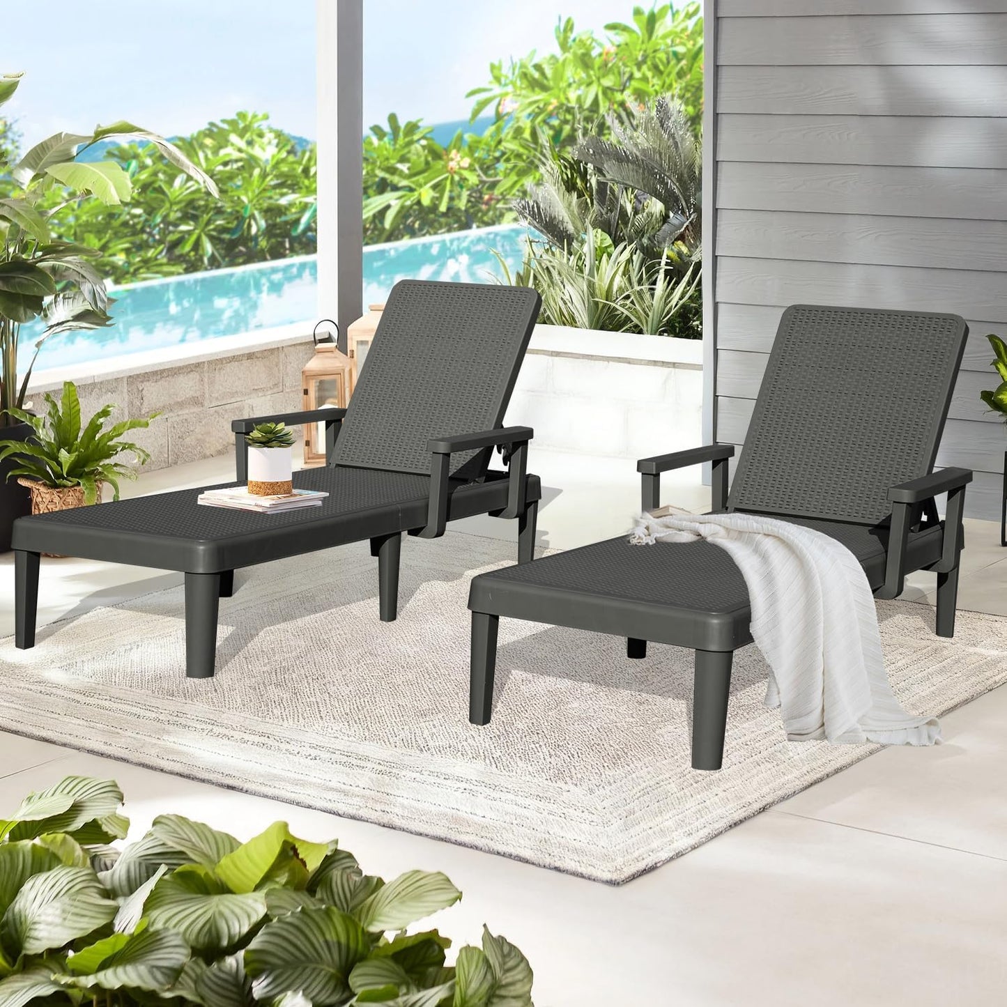 Grey Resin Pool Lounge Chairs Set of 2 - Outdoor Patio Seating