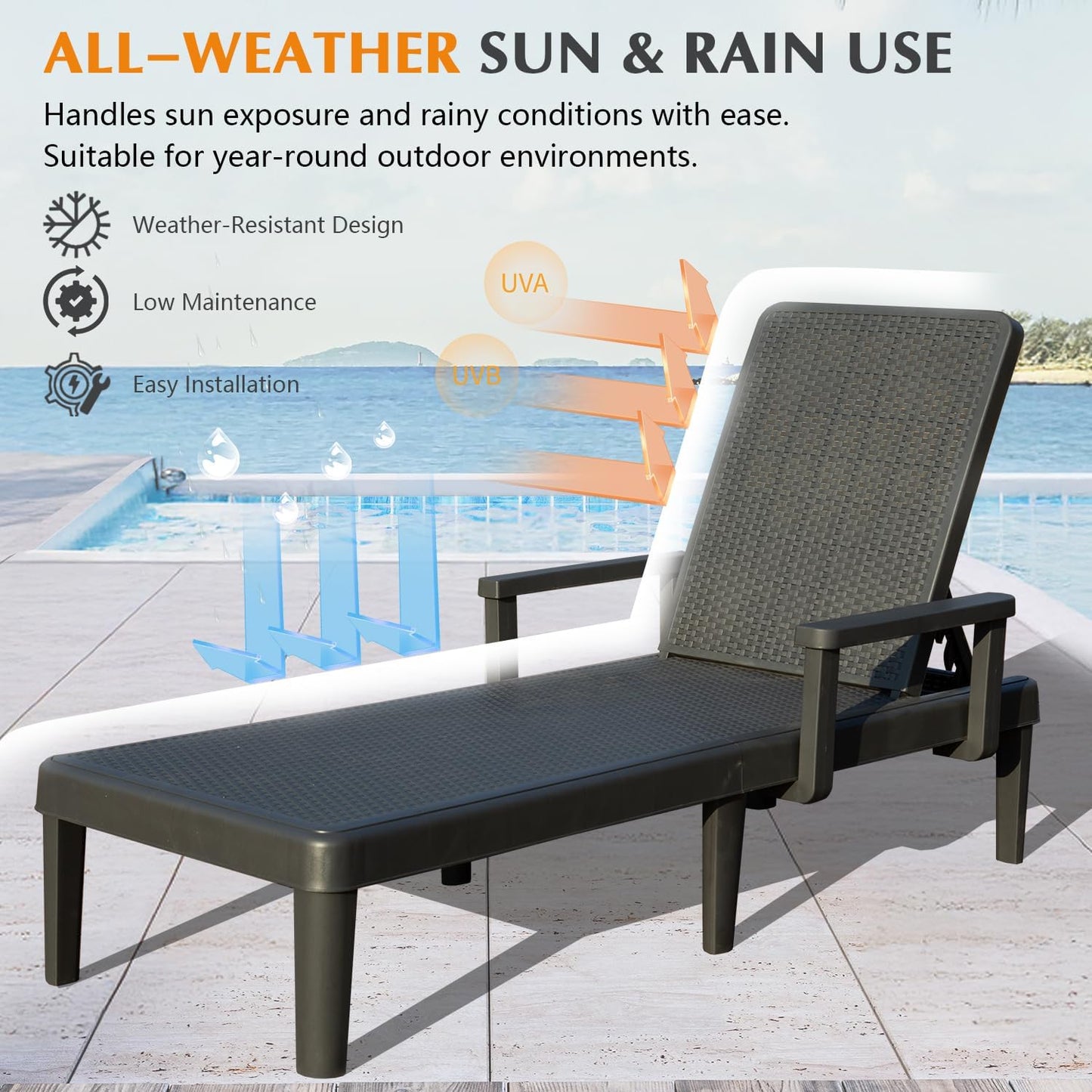 Grey Resin Pool Lounge Chairs Set of 2 - Outdoor Patio Seating