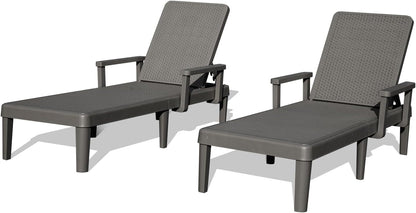 Pool Lounge Chairs Set of 2, Outdoor Lounge Chairs with 6 Positions Backrest Adjustable Armrest, Resin Waterproof Chaise Lounge Outdoor for Poolside Patio Garden Deck