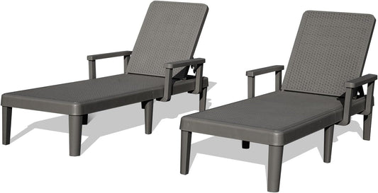 Pool Lounge Chairs Set of 2, Outdoor Lounge Chairs with 6 Positions Backrest Adjustable Armrest, Resin Waterproof Chaise Lounge Outdoor for Poolside Patio Garden Deck
