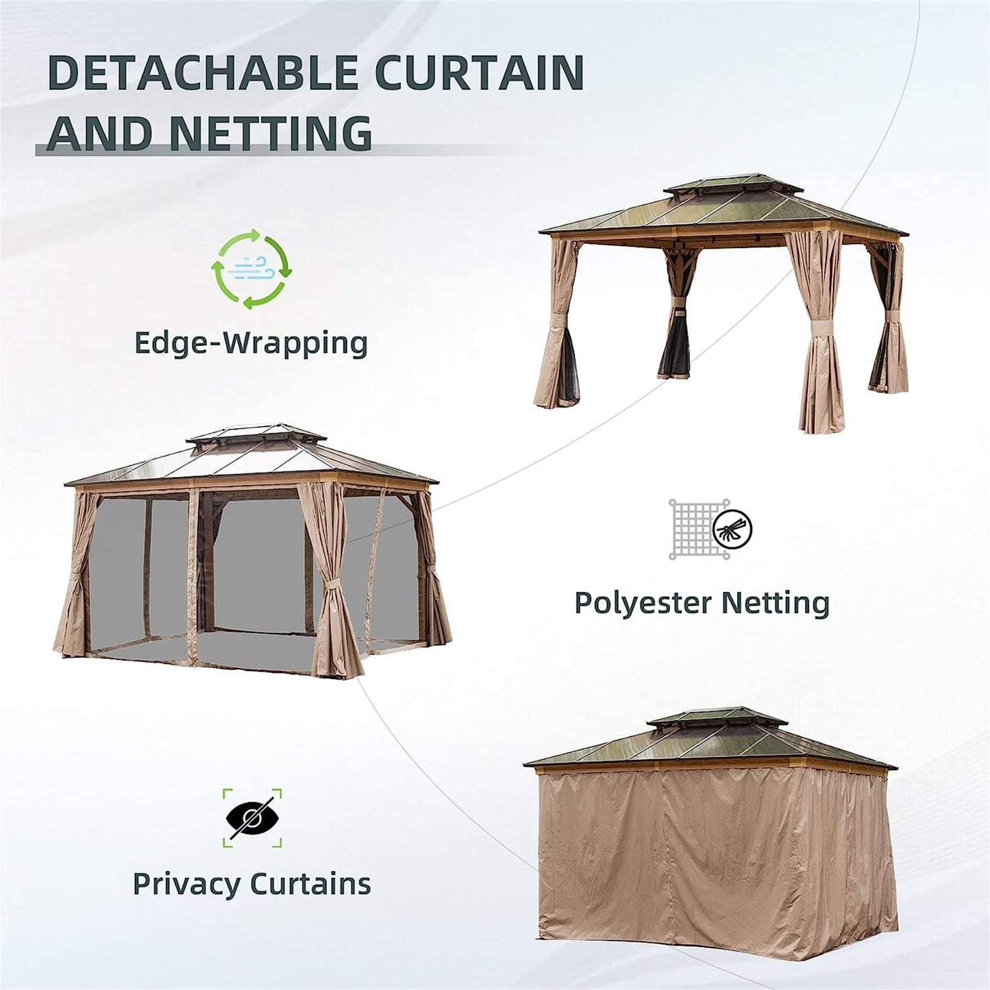 10'x12' Hardtop Gazebo - Aluminum Pavilion with Polycarbonate Roof & Privacy Netting